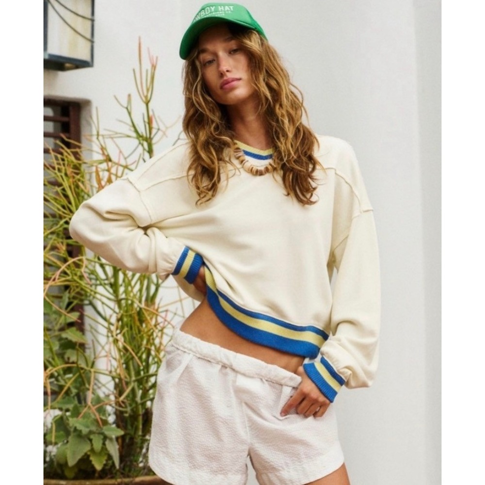 Free People Rio Sweatshirt Cream Blue Yellow Striped V-Neck Pullover XS NEW